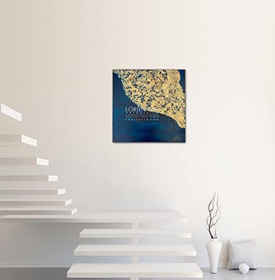 Image of Blue Gold Basic Goodness 2, a mixed media painting by Lorien Eck on a staircase wall